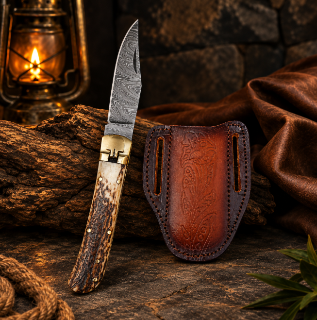 Damascus Steel Folding Knife with Embossed Leather Sheath