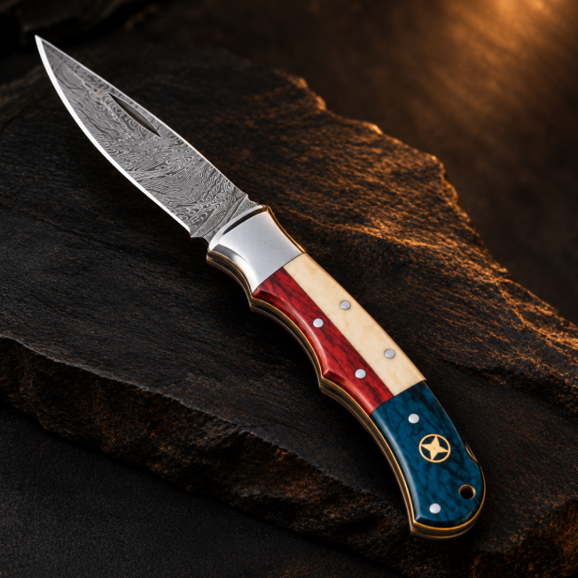 Handcrafted Damascus Steel American Flag Folding Pocket Knife