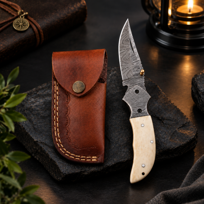 Handcrafted Damascus Steel Folding Pocket Knife with Bone Handle & Brass Thumb Stud