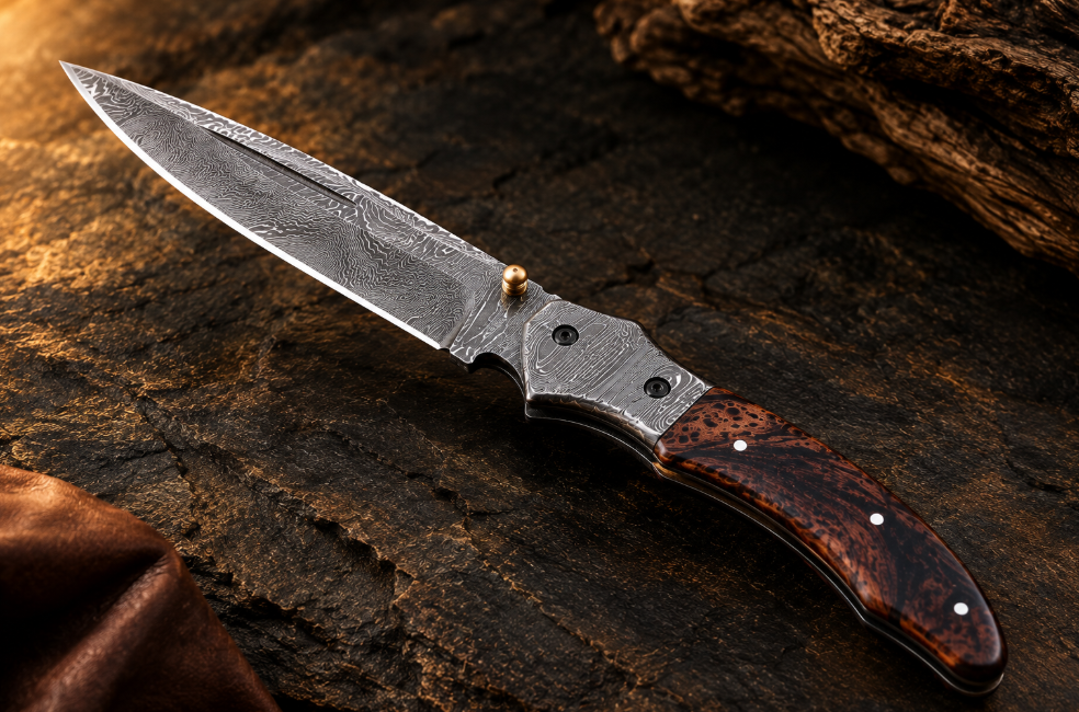 Handcrafted Damascus Steel Folding Pocket Knife with Burl Wood Handle & Brass Stud
