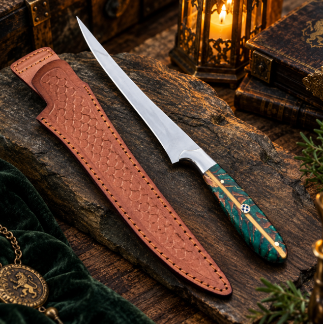 Handcrafted Custom Stiletto Fixed Blade Dagger Knife with Green Turquoise Composite Handle & Tooled Leather Sheath