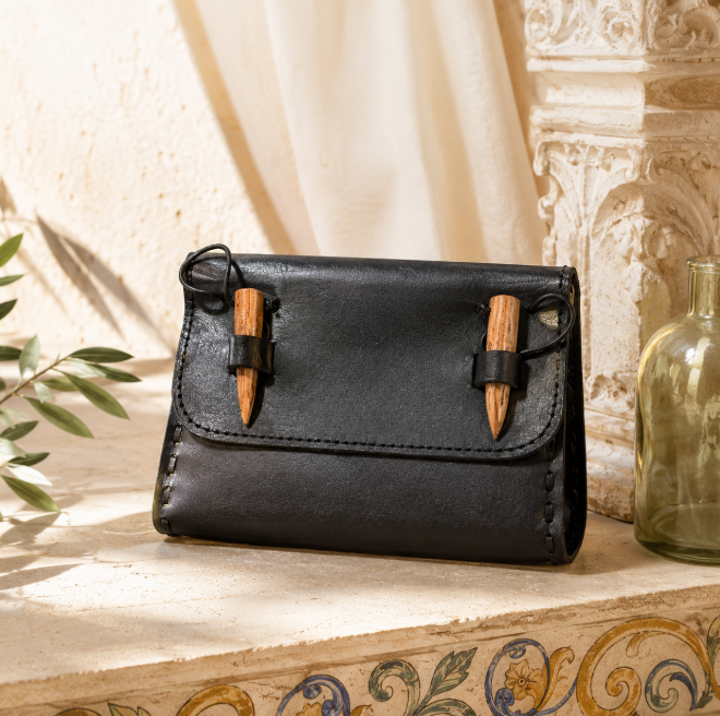 Handcrafted Black Leather Belt Pouch with Double Wooden Toggles