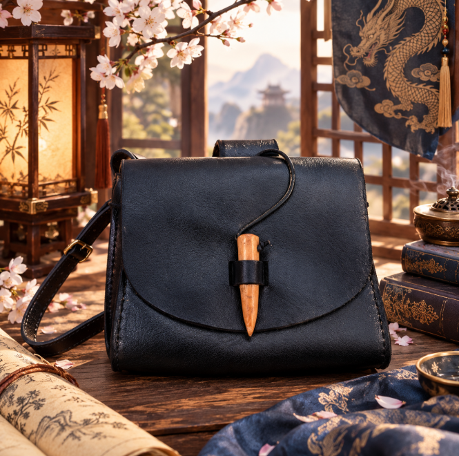 Classic Black Leather Horn Toggle Pouch