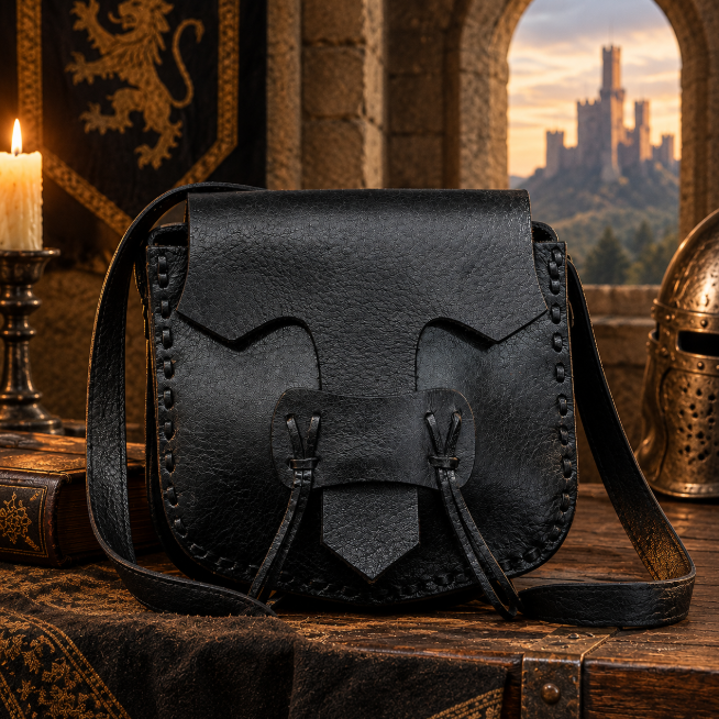 Handcrafted Medieval Style Black Leather Cross body Bag