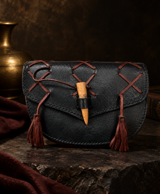Handcrafted Medieval Black Leather Belt Pouch with Wooden Toggle & Tassels