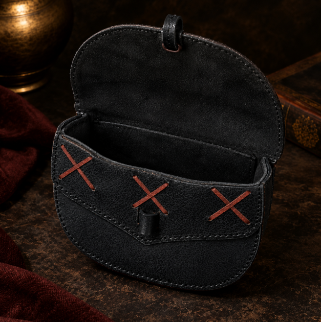 Handcrafted Medieval Black Leather Belt Pouch with Wooden Toggle & Tassels