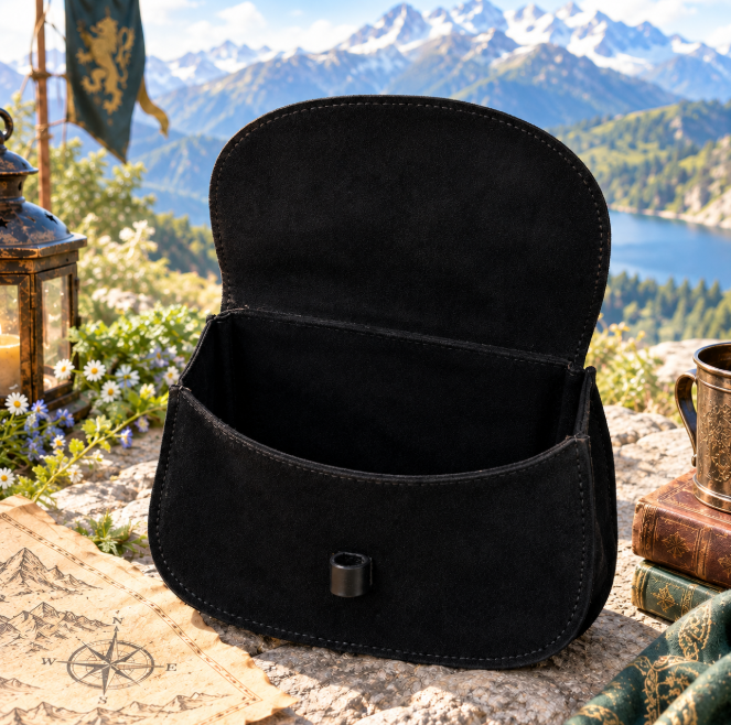 Medieval Black Soft Suede Belt Pouch with Horn Toggle Closure