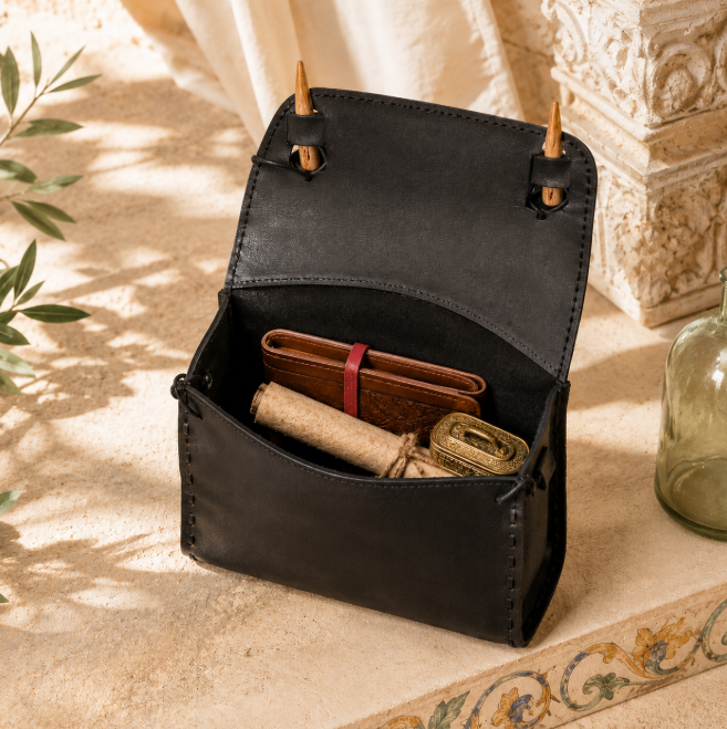 Handcrafted Black Leather Belt Pouch with Double Wooden Toggles