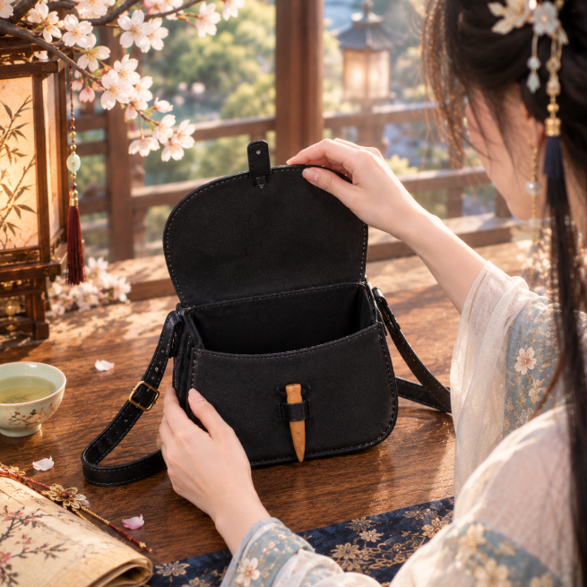 Classic Black Leather Horn Toggle Pouch
