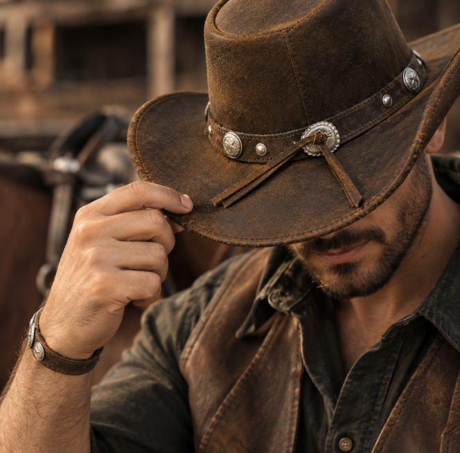 Handcrafted Real Leather Cowboy Hat with Silver Concho Band