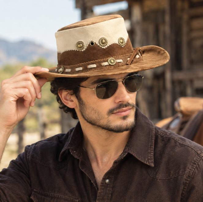 Handcrafted Two-Tone Suede Leather Cowboy Hat with Concho Band