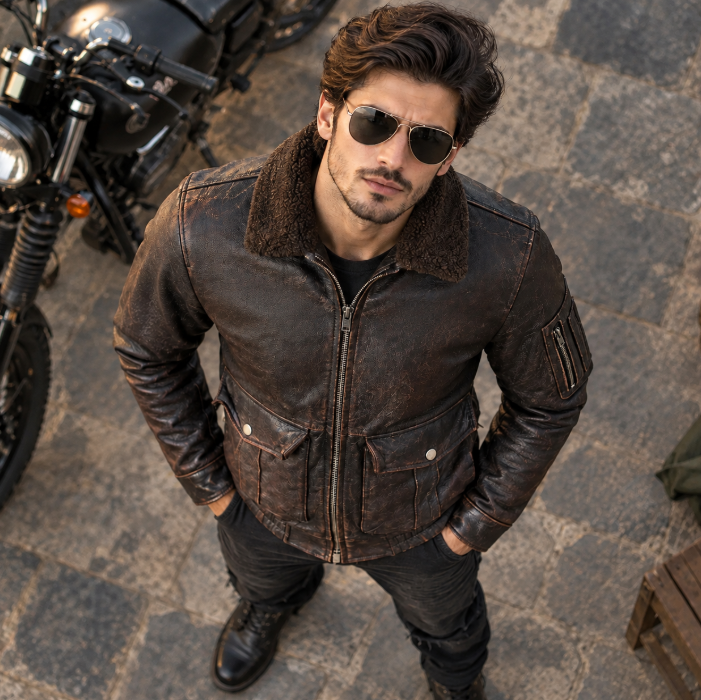 Men's Handcrafted Vintage Distressed Leather Aviator Jacket with Shearling Collar