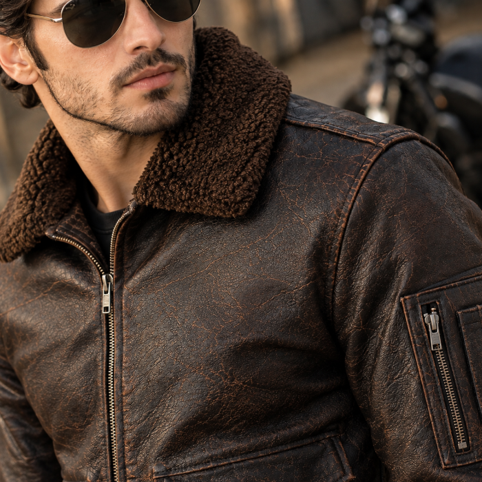 Men's Handcrafted Vintage Distressed Leather Aviator Jacket with Shearling Collar