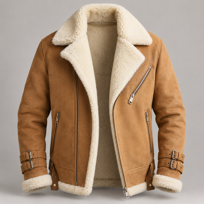 Men's Handcrafted Tan Suede Shearling Biker Jacket with Asymmetric Zip