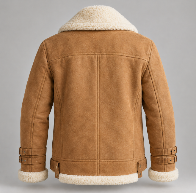 Men's Handcrafted Tan Suede Shearling Biker Jacket with Asymmetric Zip