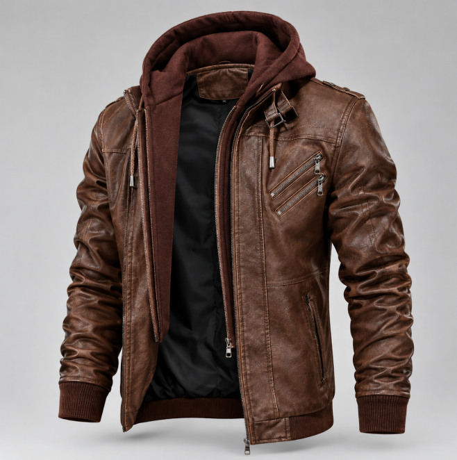 Men's Handcrafted Brown Real Leather Hooded Bomber Jacket with Detachable Hoodie