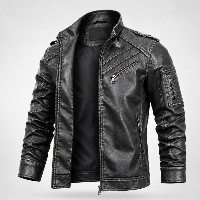 Men's Handcrafted Black Real Leather Biker Jacket with Quilted Shoulder Panels