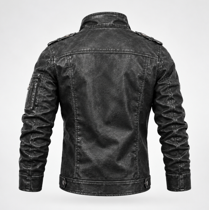 Men's Handcrafted Black Real Leather Biker Jacket with Quilted Shoulder Panels