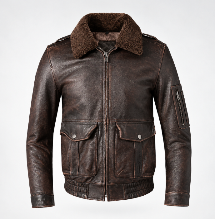Men's Handcrafted Vintage Brown Distressed Leather Aviator Jacket with Shearling Collar