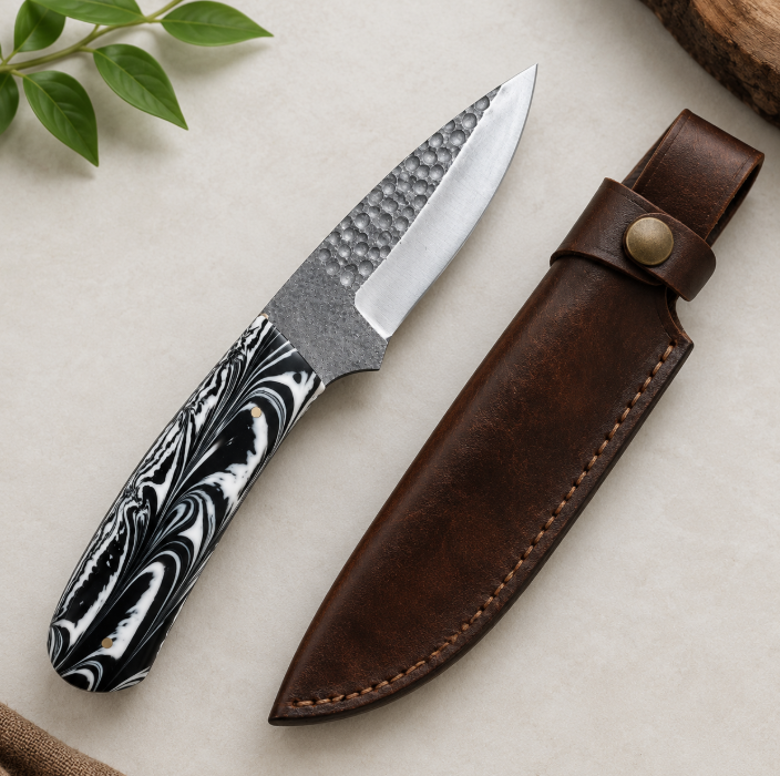 Kamal Custom Hammered Steel Everyday Carry (EDC) Knife with Black & White Resin Handle