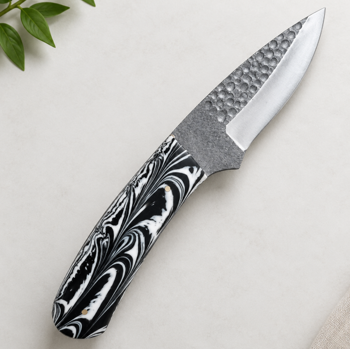 Kamal Custom Hammered Steel Everyday Carry (EDC) Knife with Black & White Resin Handle
