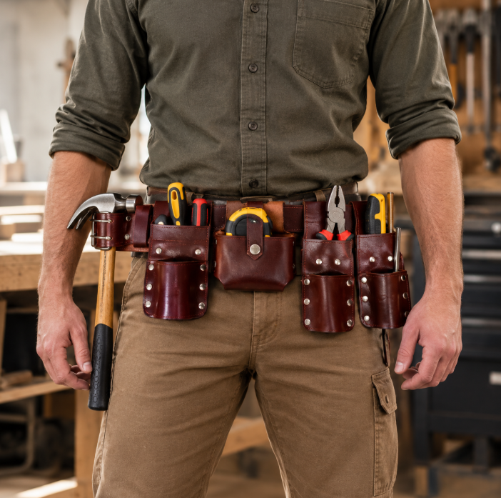 Custom Heavy-Duty Genuine Leather Tool Belt - Multi-Pocket Carpenter & Electrician Work Rig