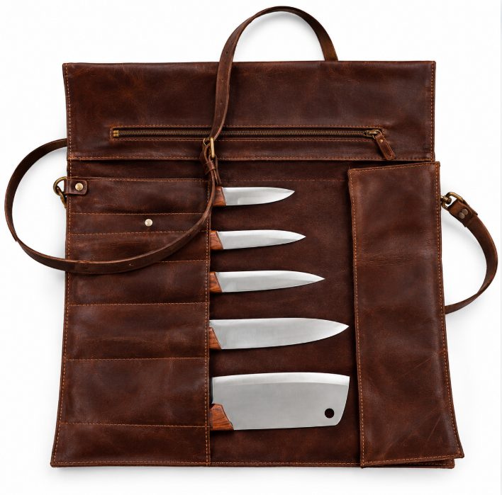 Custom Handcrafted Genuine Leather Chef Knife Roll Bag - Professional Travel Knife Storage Case with Shoulder Strap